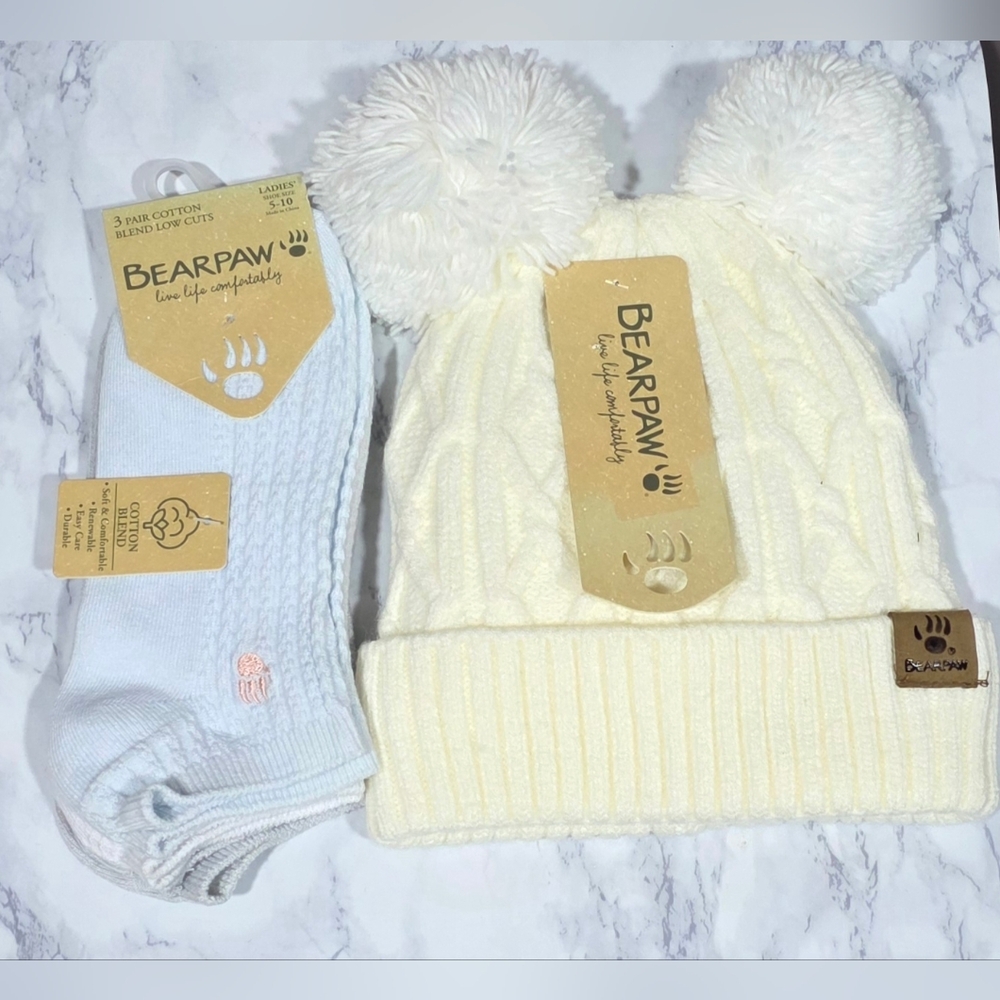 BearPaw White Knit Pom-Pom Hat and Light Blue Socks Set